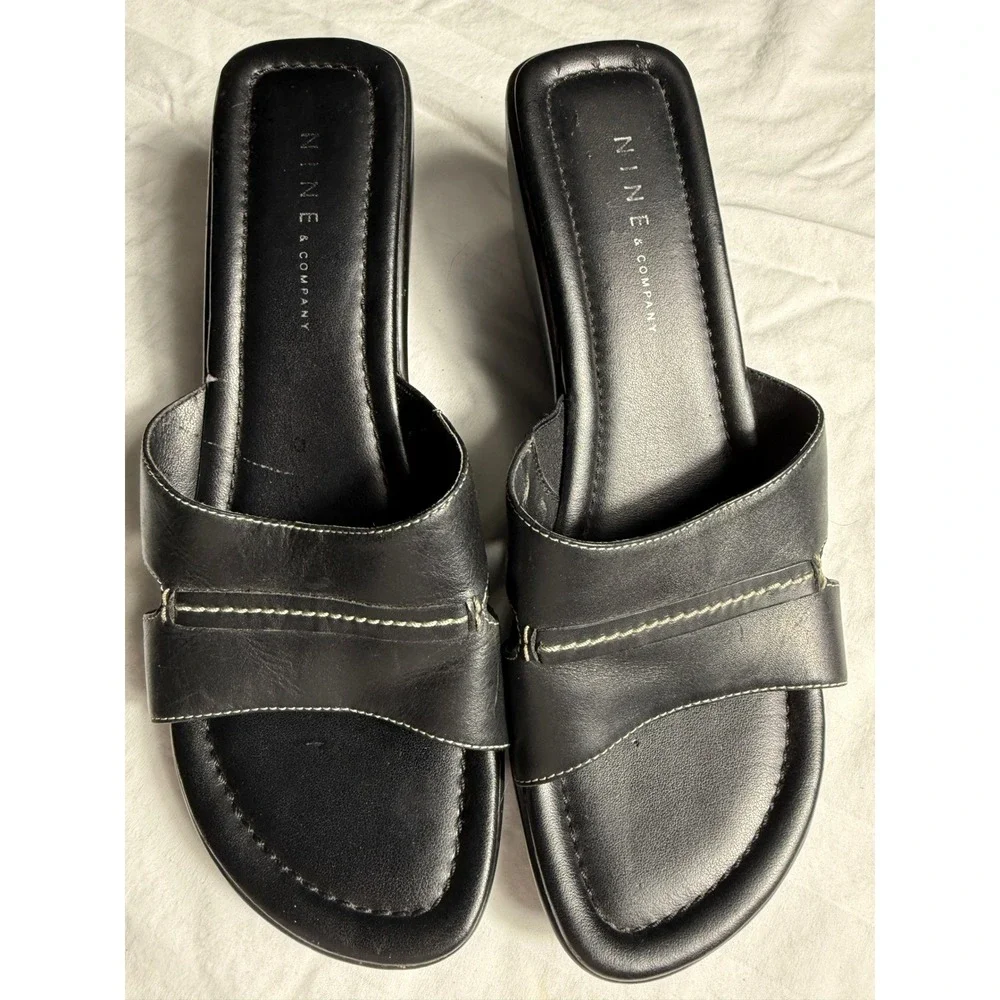 Vintage Y2K Nine & Company Womens Black Wedge Sandals Slide Platform  Size 9